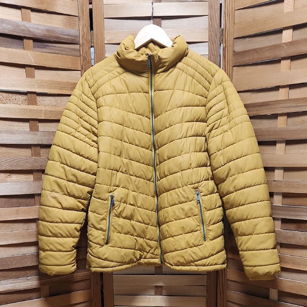 London Basic Women L Coat Mustard Yellow Quilted Puffer Jacket Fleece Lining